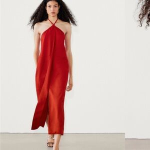 Massimo Dutti Red Slip Midi Dress with Slit and Halter Neckline NWT size XS